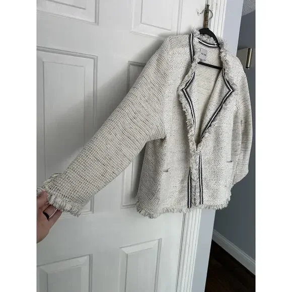 VGUC NIC+ZOE Plus Ribbon Trim Fringe Jacket Cream Navy Waffle size 3X READ - Picture 4 of 14